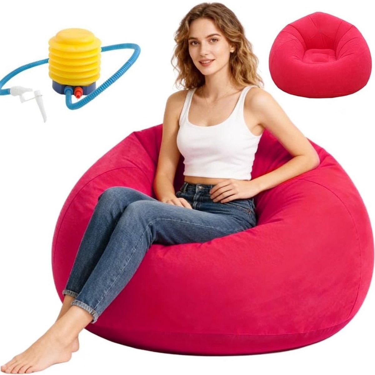 SnelShoppen - Inflatable Bean Bag Stoel - Ergonomische Air Sofa voor Binnen - Rood - 105x105x60 cm - Duurzaam PVC - Perfect voor Woonkamer, Slaapkamer