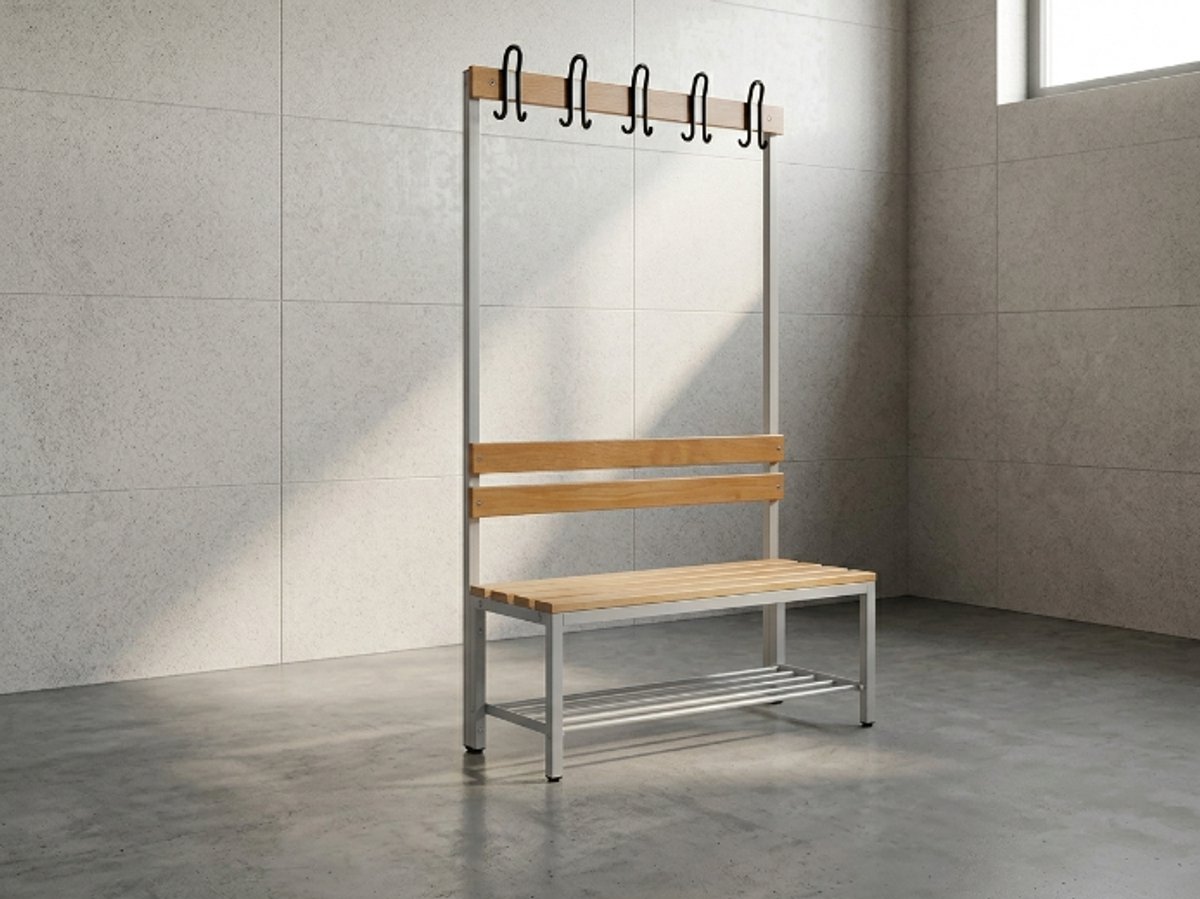 Industriële Garderobebank met Kapstok en Schoenenrek – Luxe Kleedkamerbank met Stalen Frame, Massief Houten Zitting & Rugleuning – 5 Dubbele Haken – 100x170x43 cm – Hal, Gym & Kleedruimte Ganeey