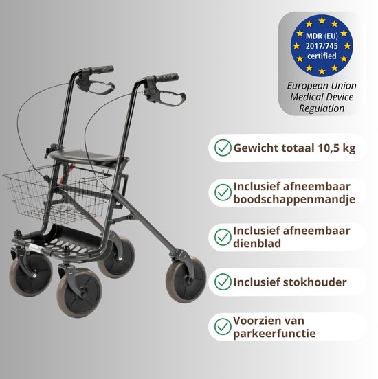 Grijze rollator met mandje, dienblad, stokhouder en parkeerfunctie. Gewicht 10,5kg.