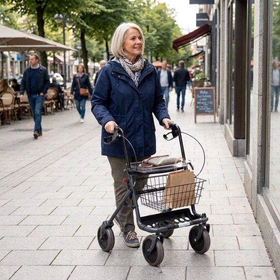 Grijze rollator met mandje en dienblad, gebruikt door een oudere vrouw op straat.