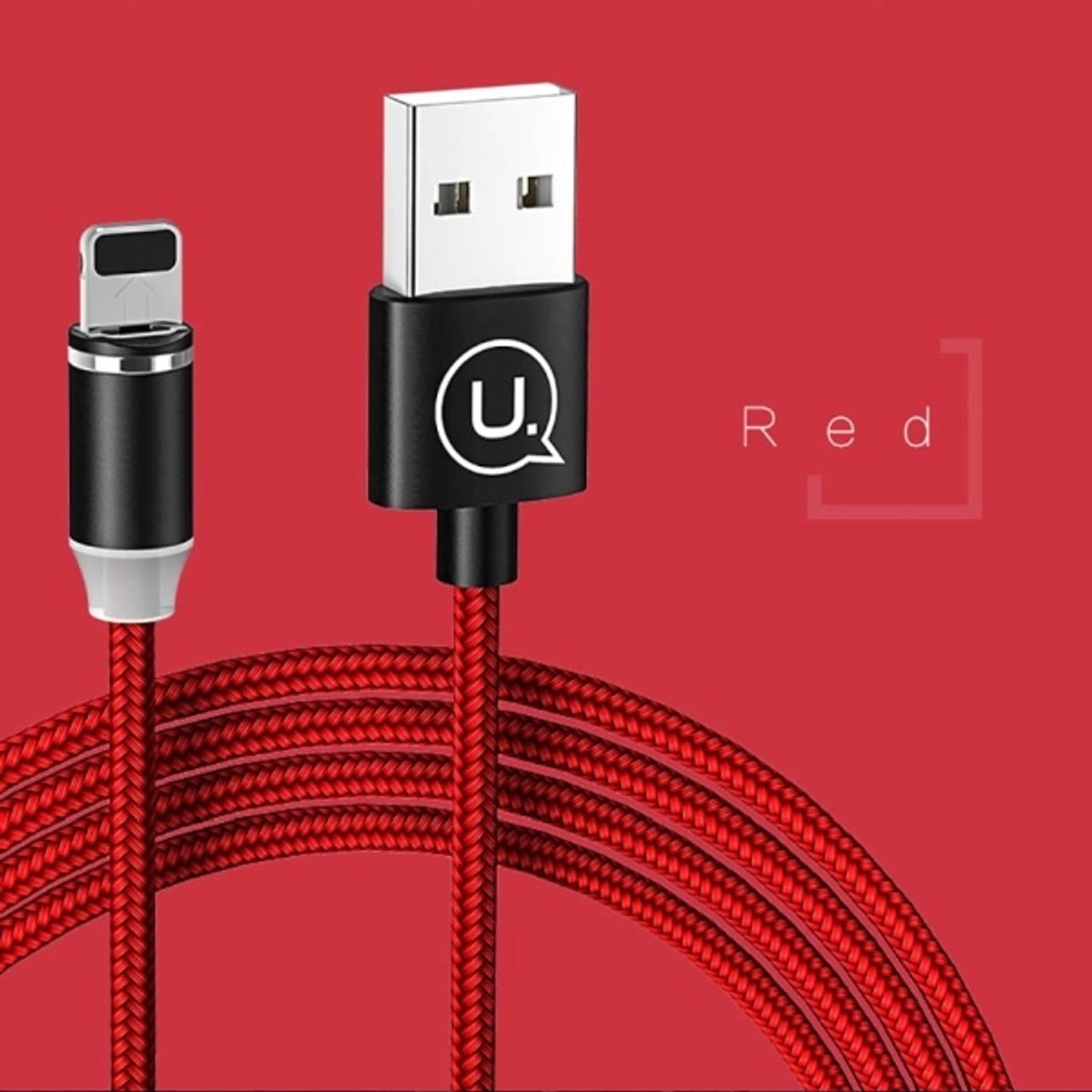 USAMS U-Sure Serie - Magnetische Lightning Kabel - 1m - Rood - Nylon Gevlochten