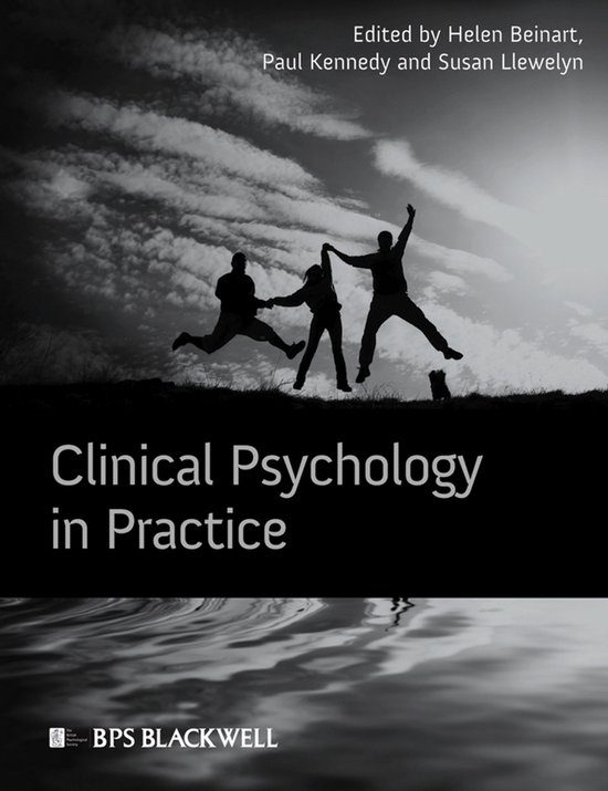 Boekomslag 'Clinical Psychology in Practice' met drie silhouetten van springende mensen onder een dramatische lucht. Bewerkt door Helen Beinart, Paul Kennedy en Susan Llewelyn.