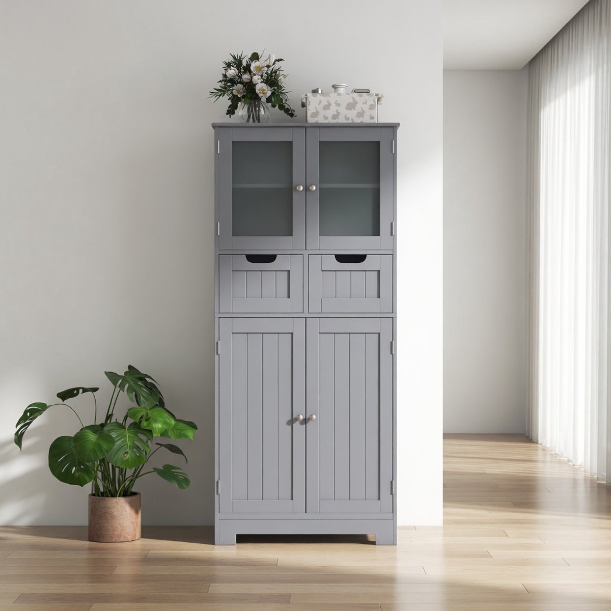 Badkamerkast Grijs 60x30x128 cm - Hoge Badkamercommode met Laden & Kasten - Opbergkast met
