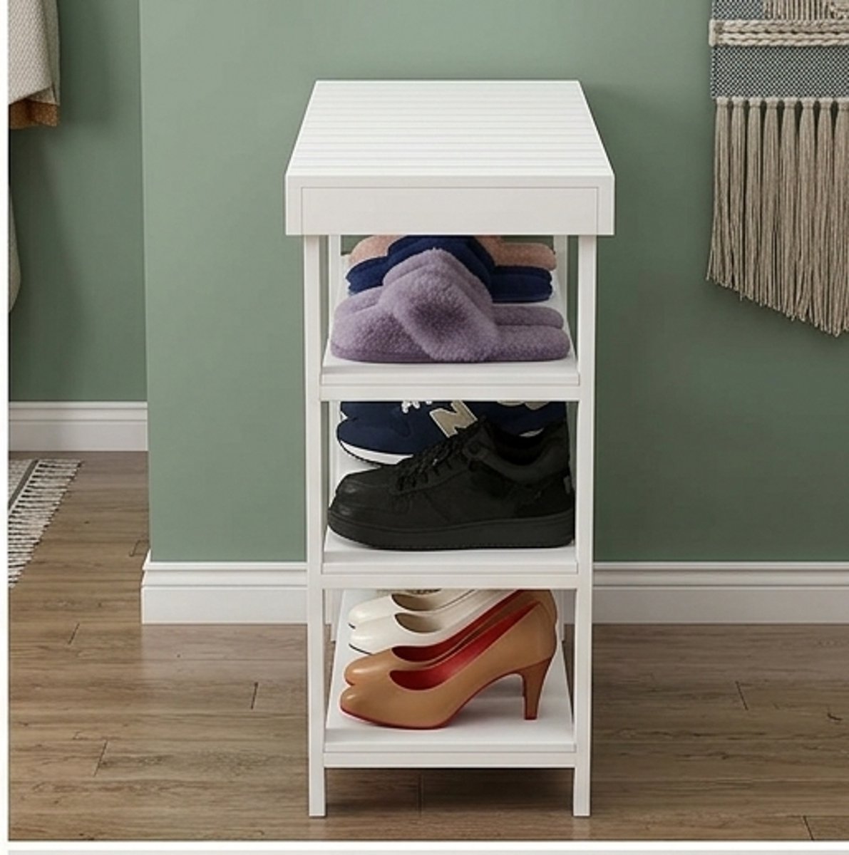 Luxe Schoenenkast met Zitbank – Massief Grenen Houten Schoenenrek met Opbergruimte – Wit Stoffig Design – 3-laags Schoenenkast met Bankfunctie – Halmeubel 76x29x90 cm - Ganeey
