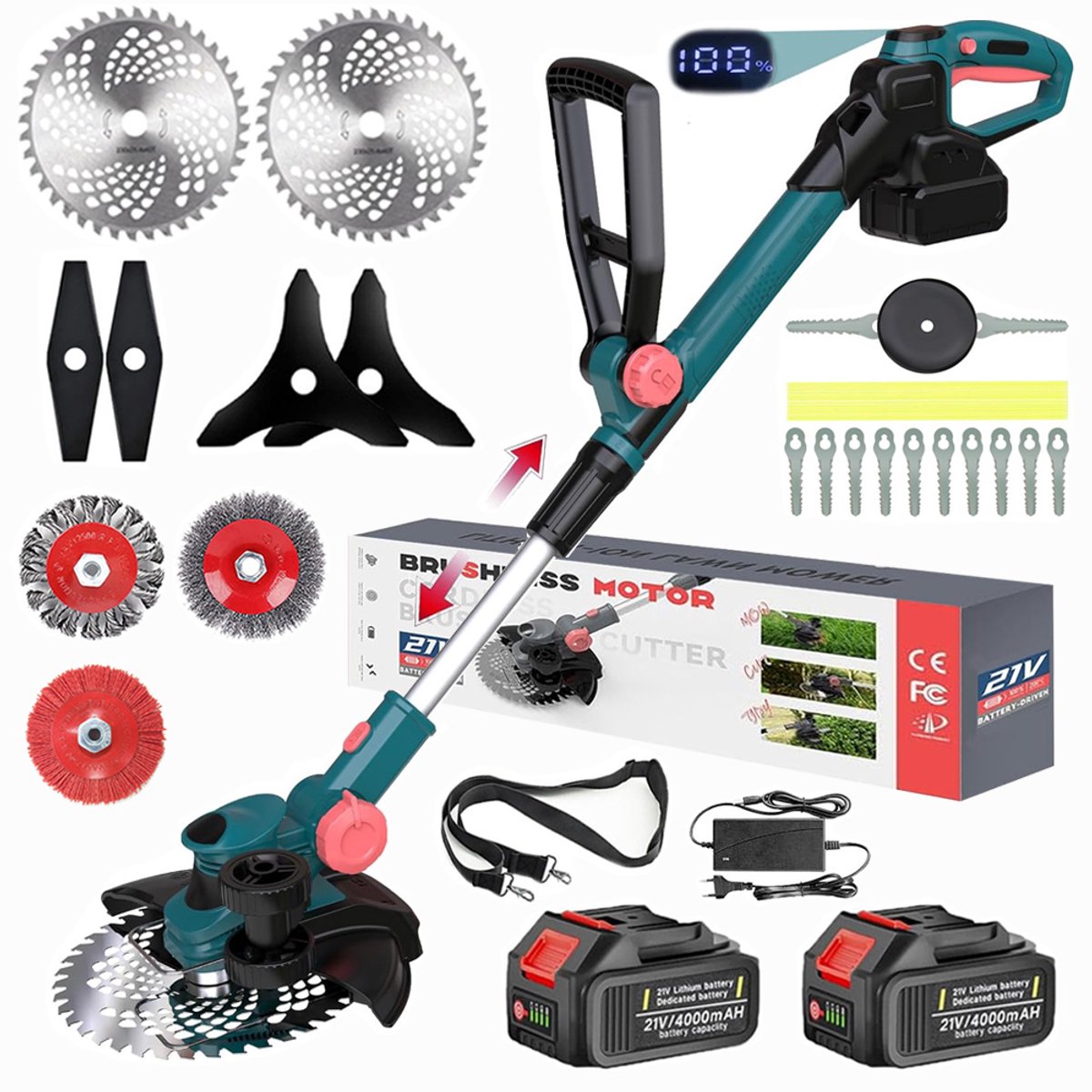 750W Accu Grastrimmer met 2× 4000mAh Accu's, 5 Messtypen, Borstelloze Motor, Vrijschijver met Onkruidborstel, Draadborstel – Blauw