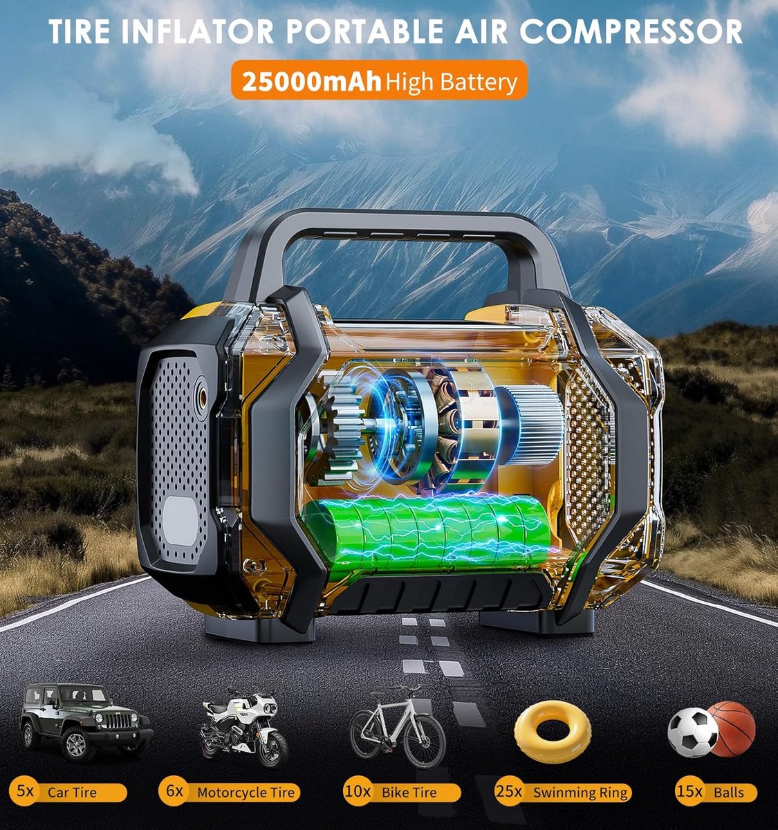 Draagbare luchtcompressor, snelle 6x 150 psi bandenpomp voor autobanden, draadloze pomp voor auto's, motoren en fietsen, drukmeter, automatische uitschakeling, 12V, LED-display en verlichting. thumbnail 3