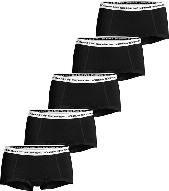 Vijf zwarte damesboxershorts met een witte BJÖRN BORG tailleband.