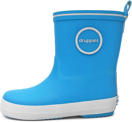 Vue latérale gauche d'une botte de pluie bleue Druppies avec semelle blanche.