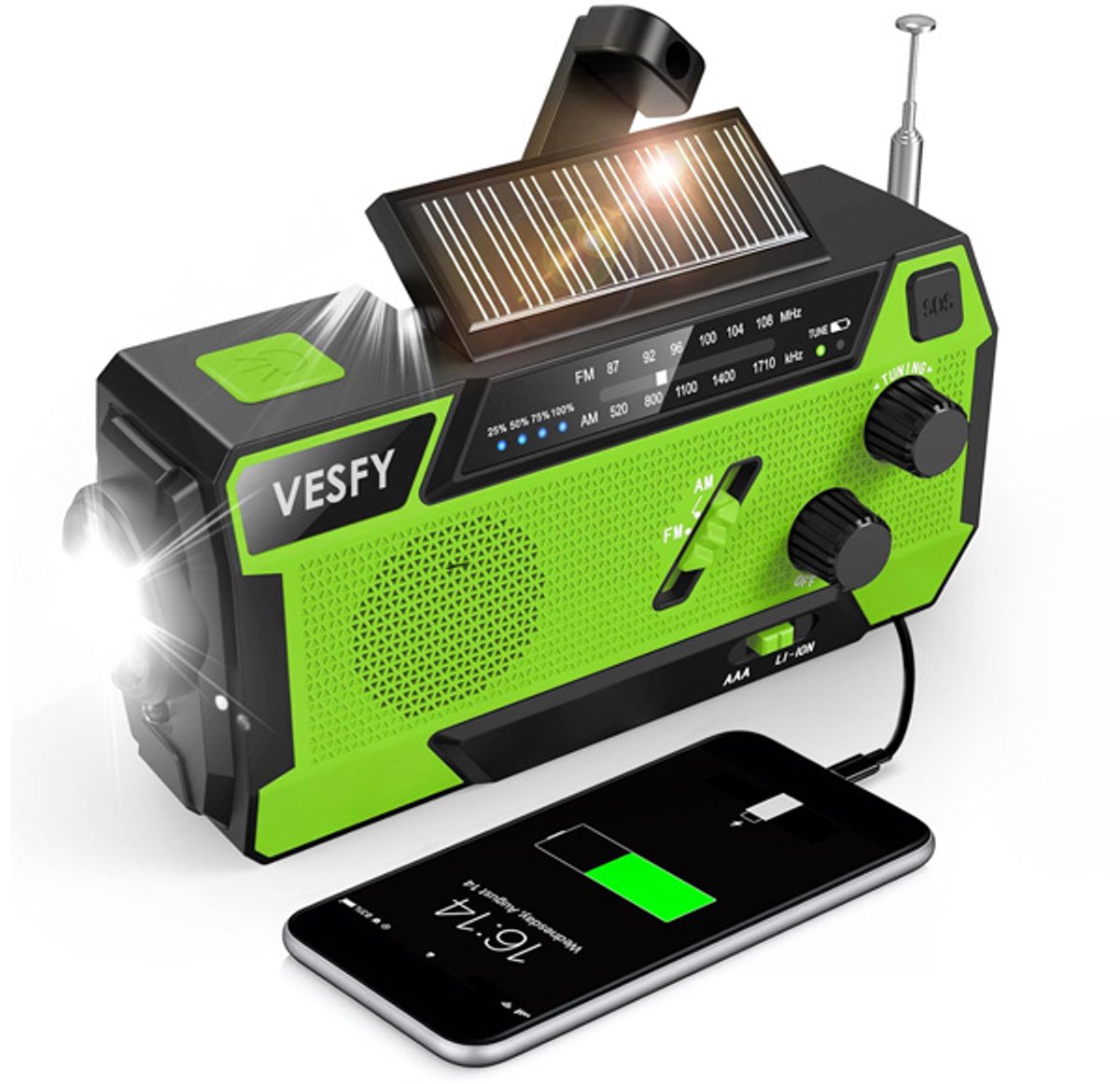 Vesfy Noodradio Solar & Opwindbaar - 2000 mAh Powerbank - AM/FM Radio met LED Zaklamp - Voor Noodpakket, Camping & Stroomuitval