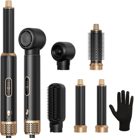 De complete Nextora 5-in-1 airstyler set met alle opzetstukken: airstyler, föhn opzetstuk, stijltang opzetstuk, krulborstel opzetstuk, 2x krultang opzetstuk en een handschoen.