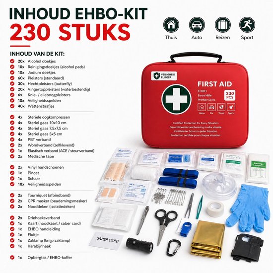 Inhoud van de rode EHBO-kit, 230 onderdelen, met deksel open en alle verbandmiddelen zichtbaar.