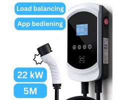 Premium Laadpaal 22 kW wit met 5m vaste Type 2 kabel | 3-fase 32A | Loadbalancing | App-functie | Uitgesteld laden | DLB | Wifi