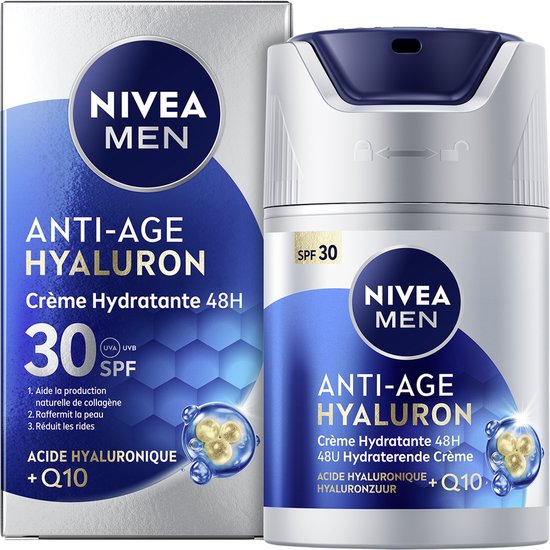 Doos en pot Nivea Men Anti-Age Hyaluron 48H crème hydratante met SPF 30. Tekst: Hyaluronzuur + Q10.