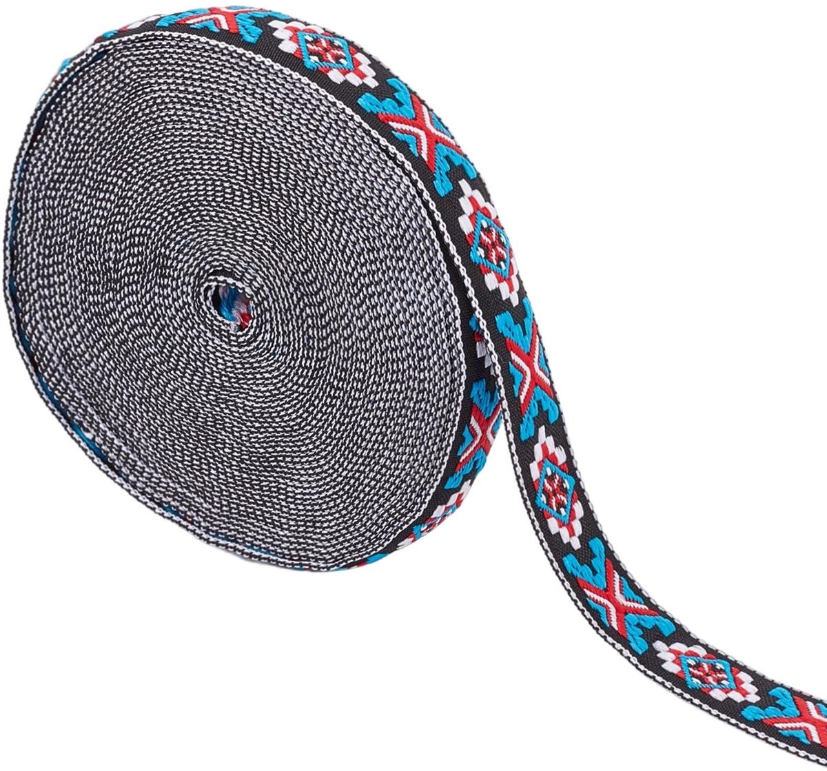 Allecto - Jacquardband - Etnisch Geborduurd - 3/4 Inch Breed - Rood Blauw Wit - Geometrisch Patroon - Geschikt voor Kleding en Handwerk - DIY Decor...