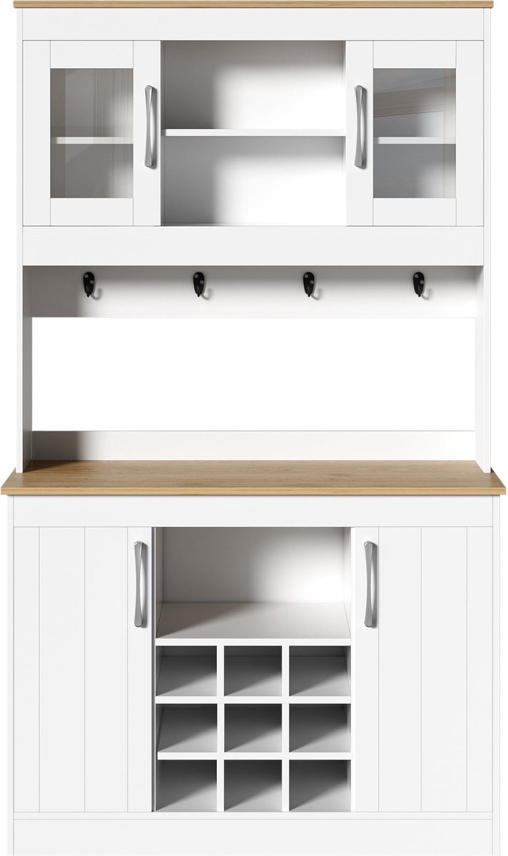 Merax Keukenkast met Opzetkast 175 cm - Opbergkast met Glazen Deuren en Wijnrek - Kast met Haken en Lades voor Keuken Eetkamer en Woonkamer Wit Houtkleur