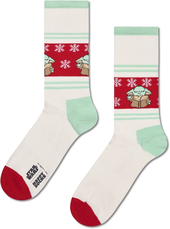 Chaussettes blanches Happy Socks avec Grogu et flocons de neige, bords et talons rouges et menthe.