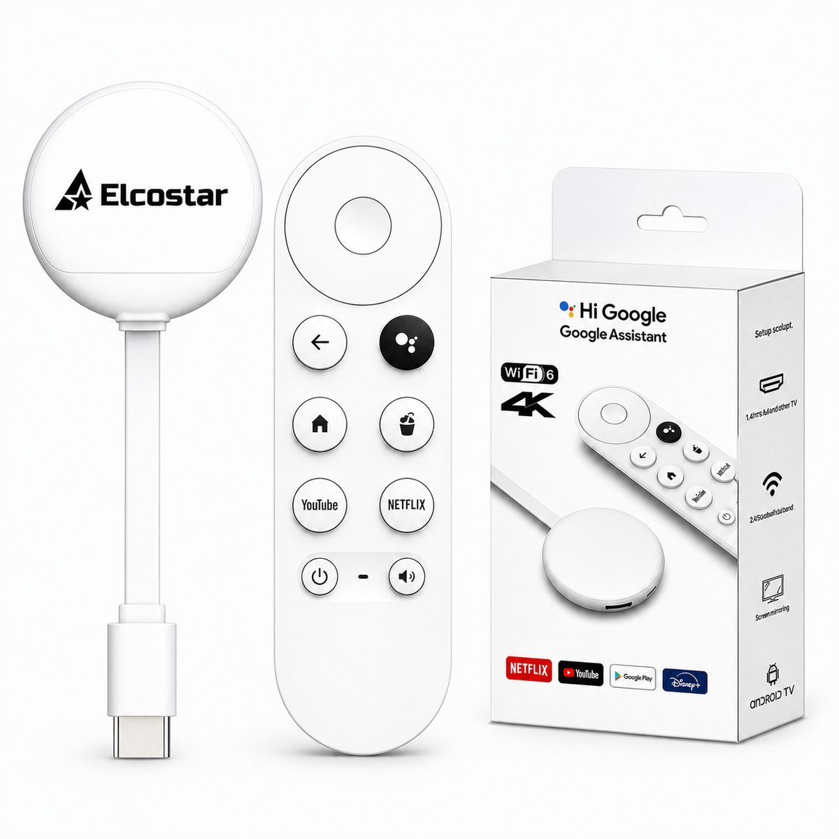 Elcostar Streaming Dongle 2.0 - 2026 Model - Android TV Stick - 4K UHD & HDR - Streaming Stick - Android TV HDMI Stick - Android TV box Eenvoudig te installeren - Mediabox - Geschikt voor Google Assistant - Geschikt voor alle Apps zoals o.a. Netflix,