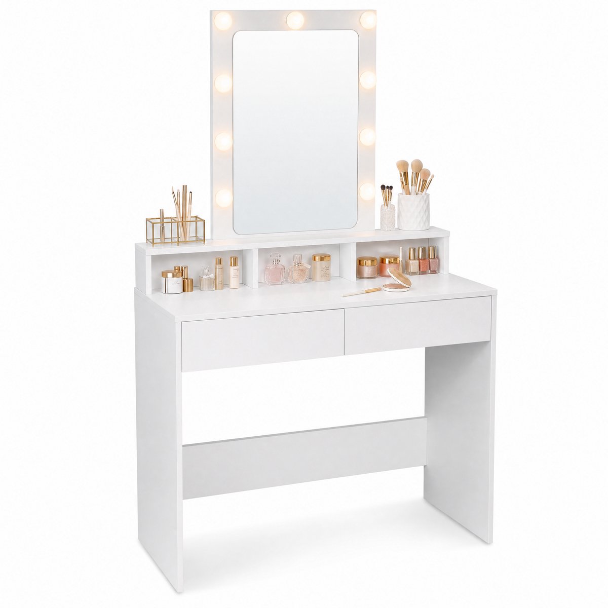 Monza Home Make Up Tafel – Kaptafel met Spiegel en Verlichting – Hollywood Spiegel met 9 Dimbare LED-Lampen – Extra Breed Werkblad van 100 cm – 2 Lades en 3 Open Vakken – Weggewerkte Bedrading – 100 x 40 x 145 cm – Wit – Monza Home