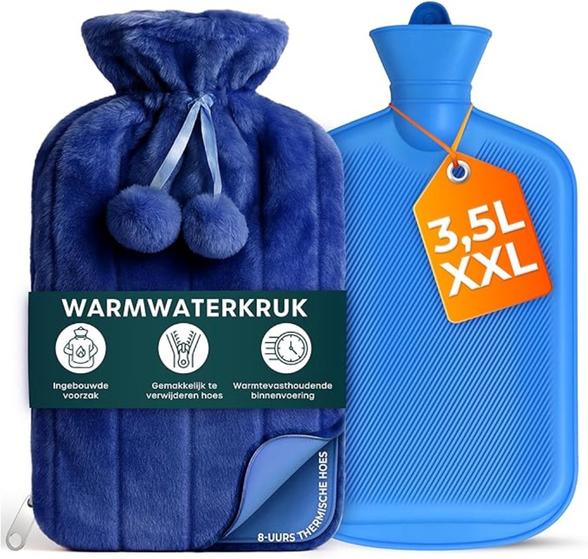 Verte Kruikzak - Grote Warmwaterkruik met Hoes van Imitatiebont – Zachte Warmwaterkruik voor Pijnverlichting en Warm/Koud Kompres – 3,5 L – Blauw