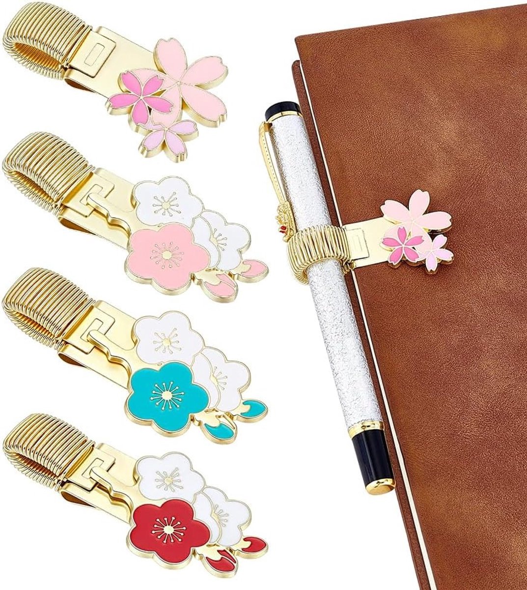 4 Stuks Bloemen Potloodhouder Clips in 4 Stijlen, Emaille Pen Clips voor Notebook en Klemmen