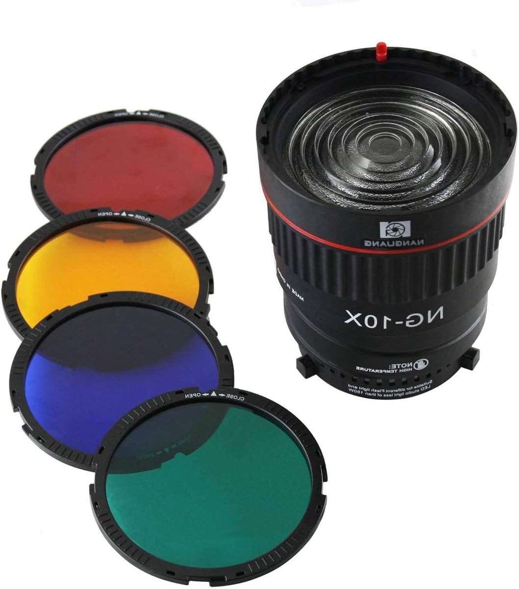 Fresnel Lens Focus Adapter voor S-Mount Studioverlichting met 10-40° Instelbare Focus en 5X Versterking, Inclusief 4 Kleurfilters voor Professionele Fotografie en Videoproductie