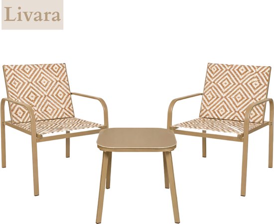 Ensemble de deux chaises de jardin taupe à motif géométrique beige et blanc, et une table carrée taupe.