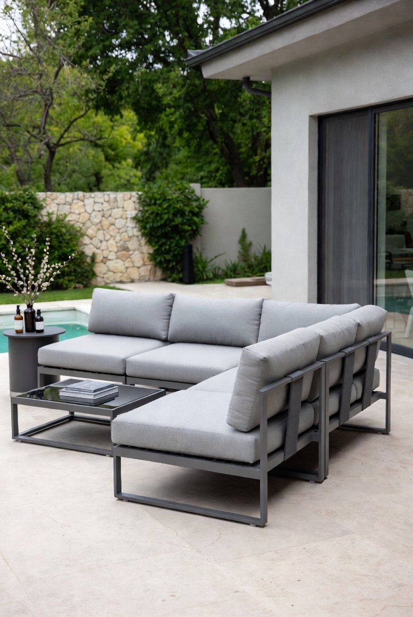 Grenada 4-delige Multifunctionele Tuin Loungeset - Verstelbare Hoekbank / Dubbele Ligstoel & 2/3-Zits Bank - Inclusief Dikke Kussens - Stalen Frame - Zwart/Grijs - Voor Tuin, Balkon, Terras & Serre Industrohome