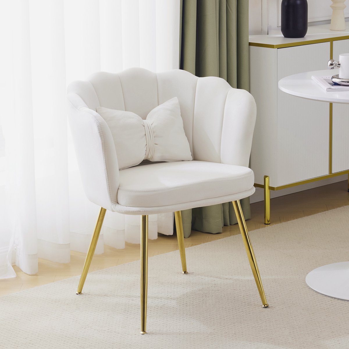Fauteuil - Eetkamerstoel - Fluwelen Stoelen - Modern design - Rugleuning in de vorm van bloemblaadjes - Geschikt voor de woonkamer, slaapkamer - Beige