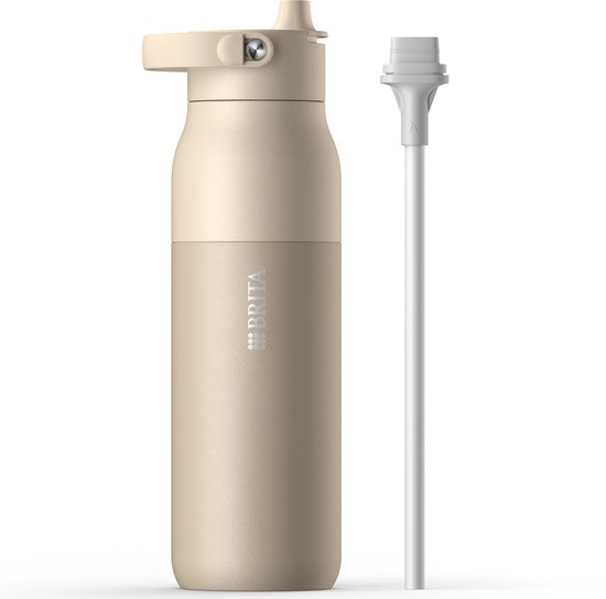 BRITA LARQ Essential drinkfles met rietje - Beige - 1 liter - RVS waterfles, dubbelwandige isolatiefles (24 uur koud), met afneembaar soft-touch handvat, vaatwasmachinebestendig