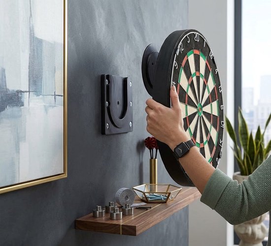 Zwart dartbord ophangsysteem - dartbord muurbeugel met montage set voor wandbevestiging - verstelbare dartboard hanger met schroeven en afstandhouders - dartbord accessoire voor standaard dartborden van Merkloos — afbeelding 4