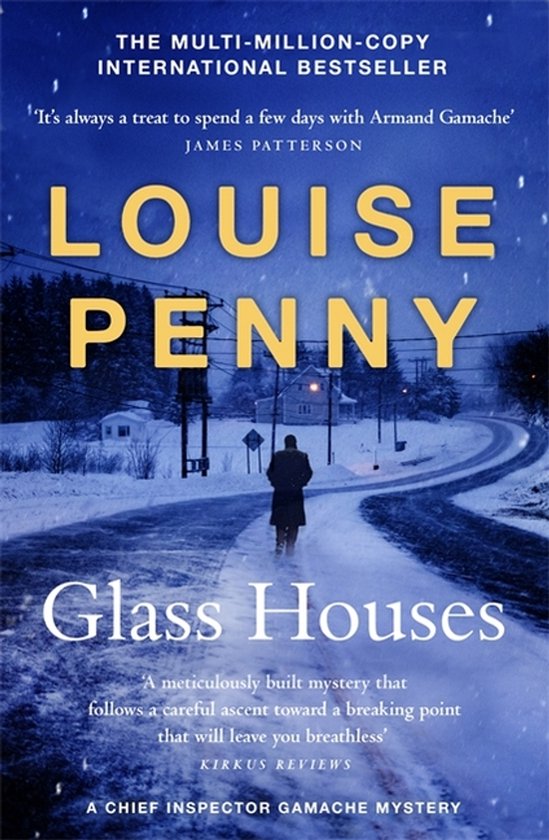 Boekcover 'Glass Houses' van Louise Penny, met een besneeuwde weg en een man in de verte.