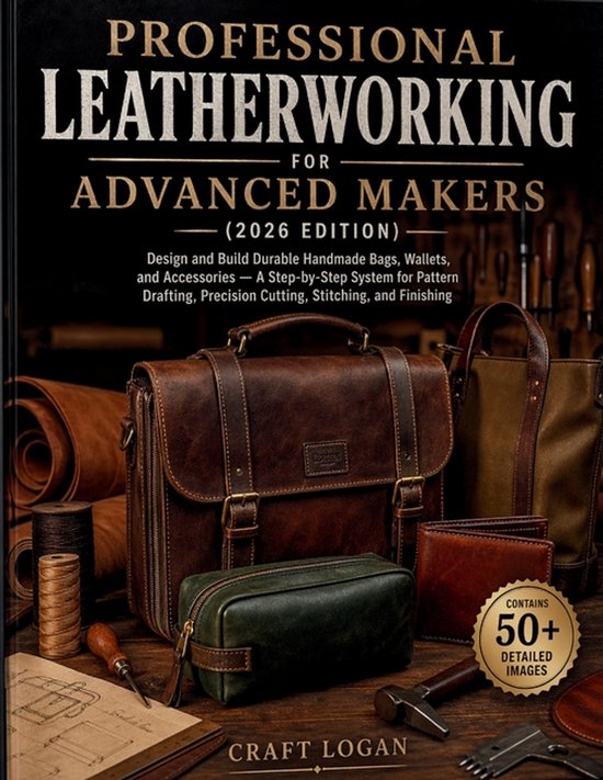 Boek "Professional Leatherworking for Advanced Makers" met bruine lederen tas, groene toilettas en portemonnee. Bevat 50+ gedetailleerde afbeeldingen.