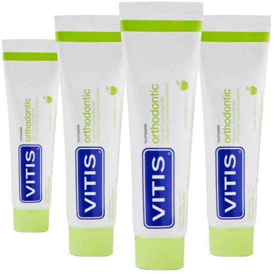 Vitis orthodontic tandpasta in vier tubes, met groene en witte verpakking.