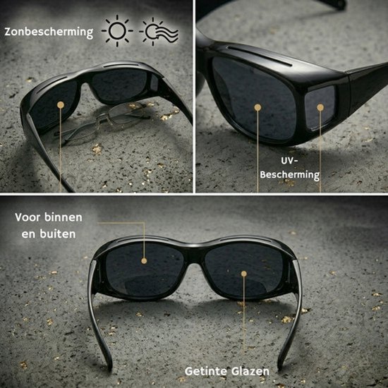 Zwarte overzetzonnebril met getinte glazen voor zon- en UV-bescherming, voor binnen en buiten.