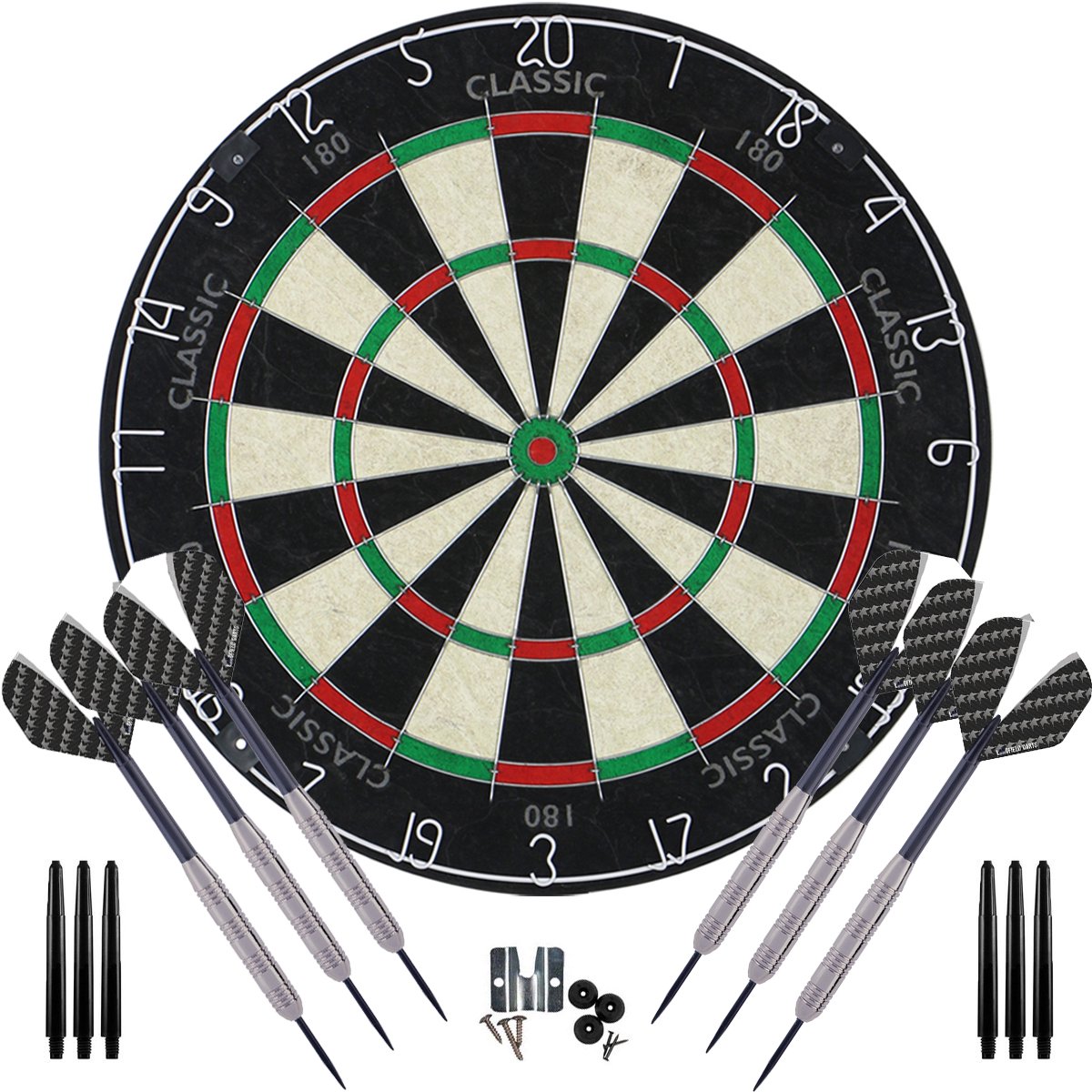 Dragon Darts Classic 180 Dartbord - met 6 Dartpijlen en Accessoires - Essential Silver Set - Dart Flights - Dart Shafts