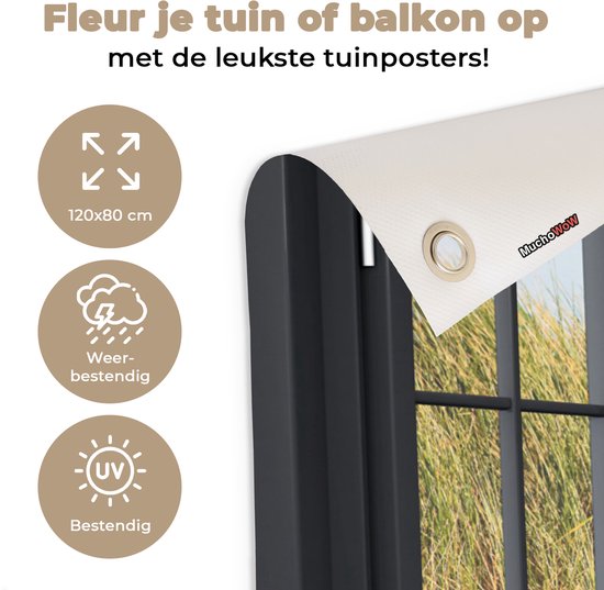 Tuinposter raam - Doorkijk - Strand - Natuur - Zee - Duinen - Planten - Tuindecoratie - Tuindoek - Tuinschilderij voor buiten - Schutting decoratie - Schuttingdoek - 120x80 cm - Tuin - Tuinposters