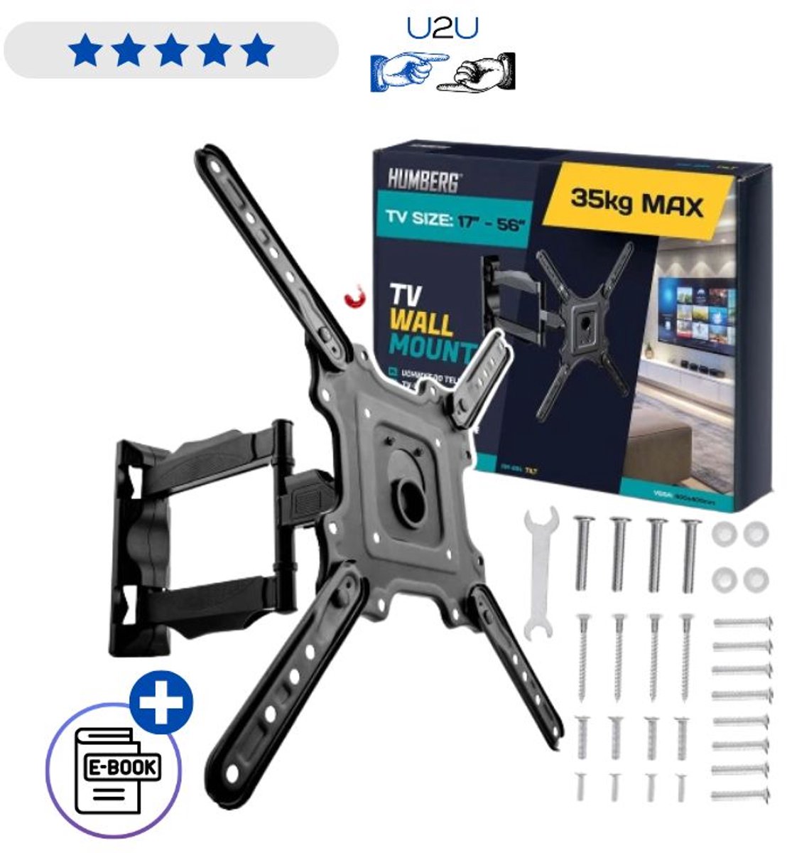Humberg TV Beugel 17-56 inch - Universele Muurbeugel - Draaibaar 180° Kantelbaar - VESA 100x100 tot 400x400 - Max 35kg - Verstelbare Afstand 5-40 cm - Sterke Stalen TV Houder voor Wandmontage - Inclusief Montagemateriaal Met Ebook