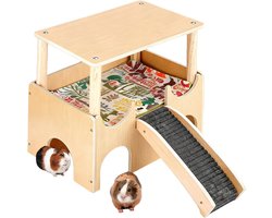 Houten knaagdierenhuis met meerdere lagen, schuilplaats voor cavia's, bed met trappen en matten, ideaal voor hamsters en konijnen, geschikt voor chinchilla's en andere kleine huisdieren