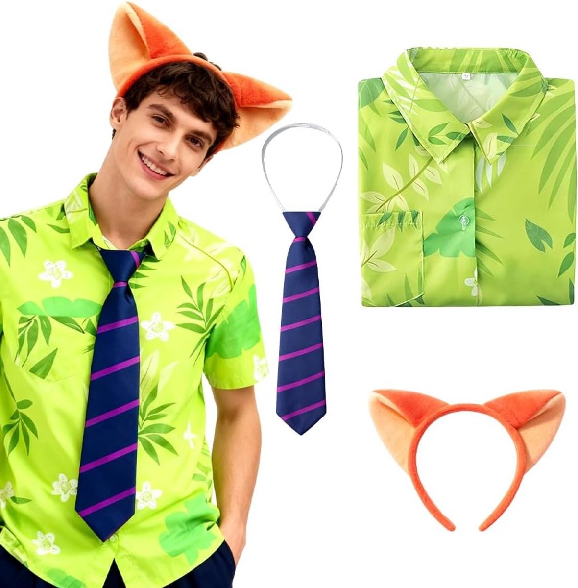 Drie-delige carnavalskostuumset met groen T-shirt, paarse stropdas en haarband voor Halloween en cosplay feestjes