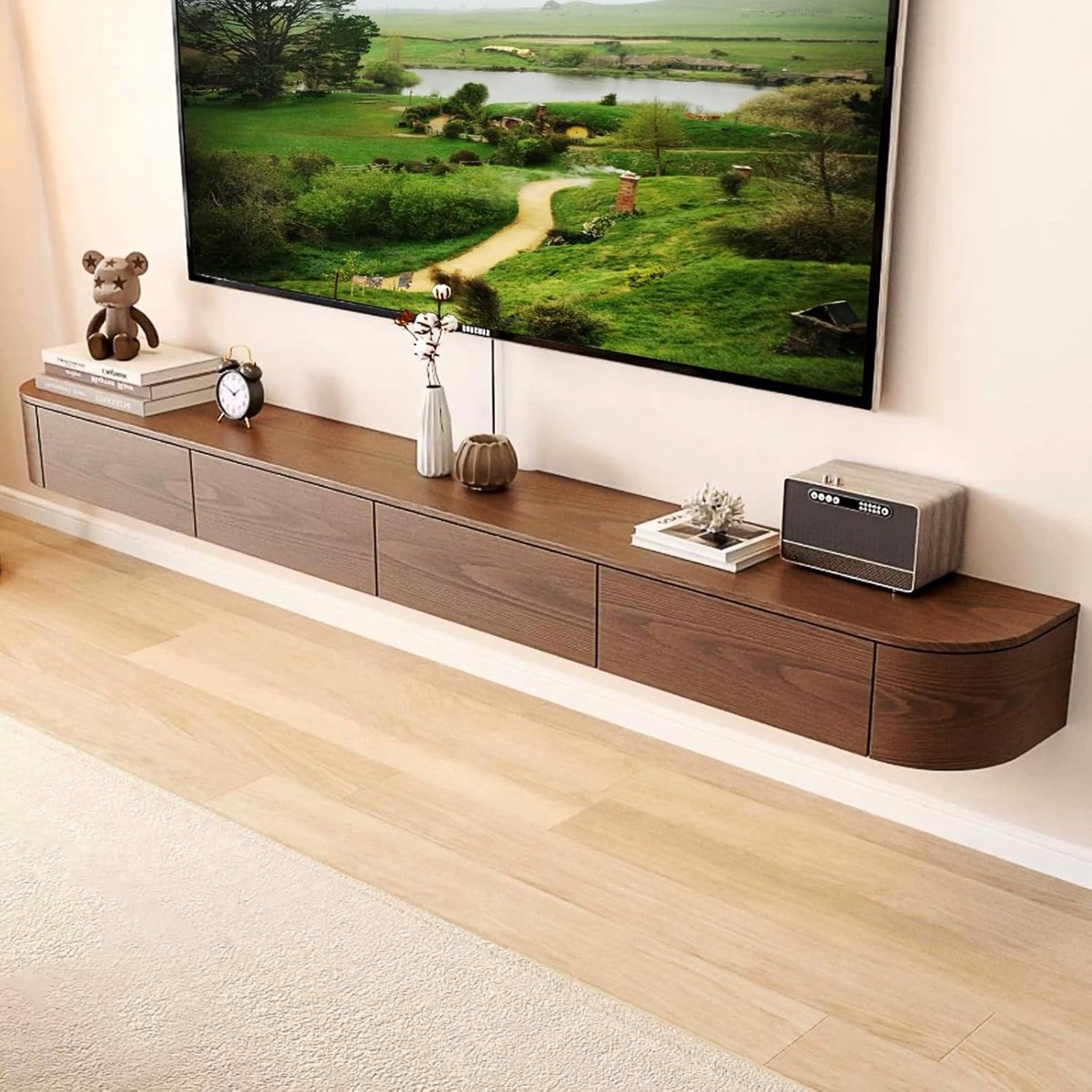 Luxe Zwevend Massief Houten TV-Meubel 180 cm Walnoot met 6 Opbergvakken & 2 Lades – Wandgemonteerd TV Wandmeubel 180x30x20 cm Modern Minimalistisch Design