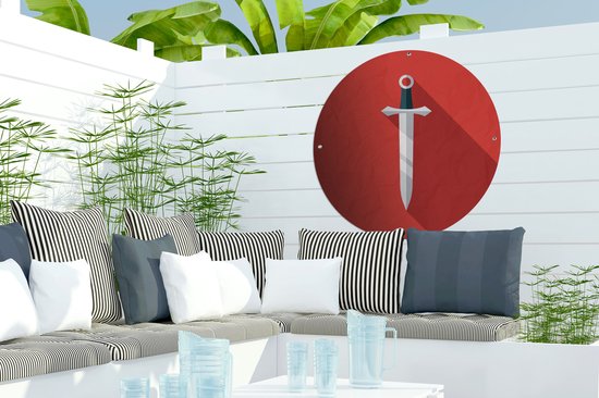 Cercle de jardin Illustration épée sur surface rouge - 60x60 cm - Poster de jardin rond - Extérieur