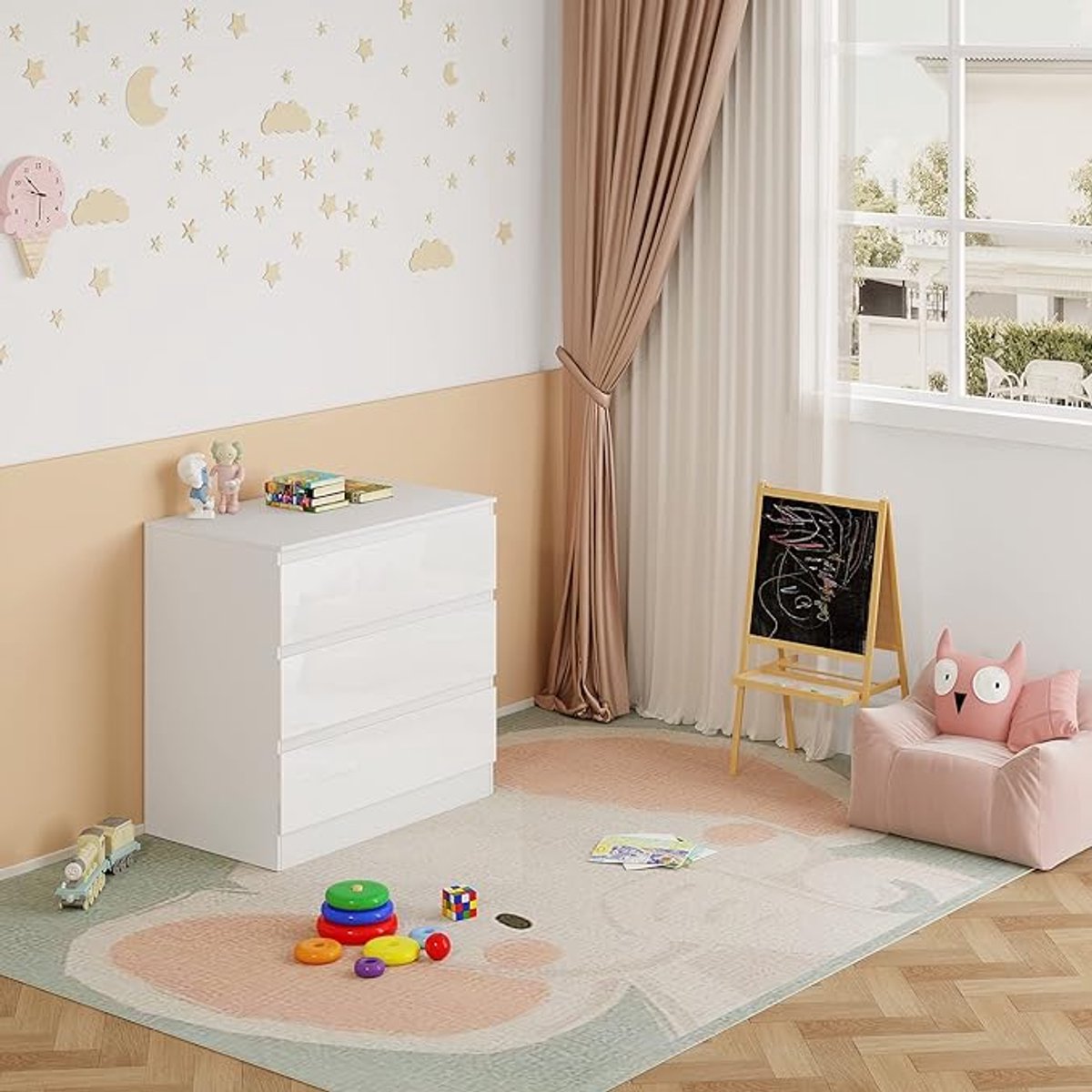 Luxe Hoogglans Commode met 3 Laden – Moderne Ladekast / Dressoir voor Woonkamer, Slaapkamer & Kantoor – Ruime Opbergkast 80 cm – Waterafstotend & FSC Hout – Wit / Wit-Eiken-Mobili Bella