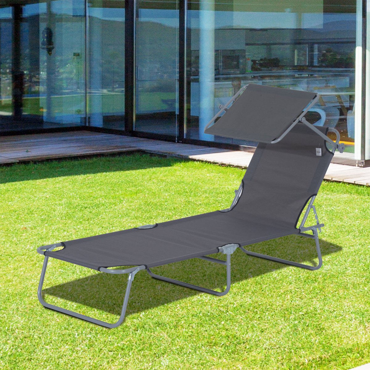 REDOM - Tuinligbed - Met Zonnescherm - Opvouwbaar - Voor Tuin En Strand - Metaal - Grijs -