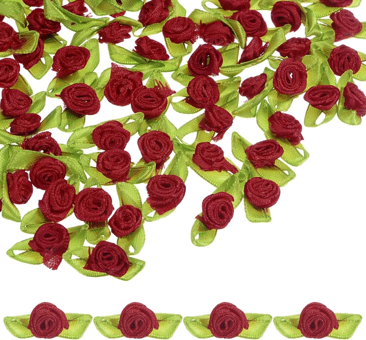 100pcs mini ribbon roses - mini fabric flowers met groene bladeren - satin voor crafting DIY - wedding - ornament - party - home - sewing [wine red]