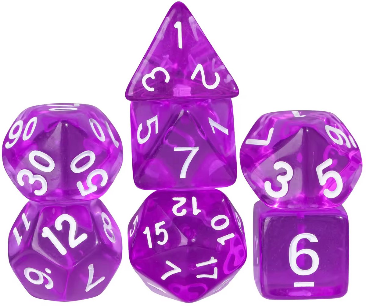 Dobbelstenen Set 7-delig – Transparant Paars D20 D12 D10 D8 D6 D4 – Voor RPG & Tafelspellen
