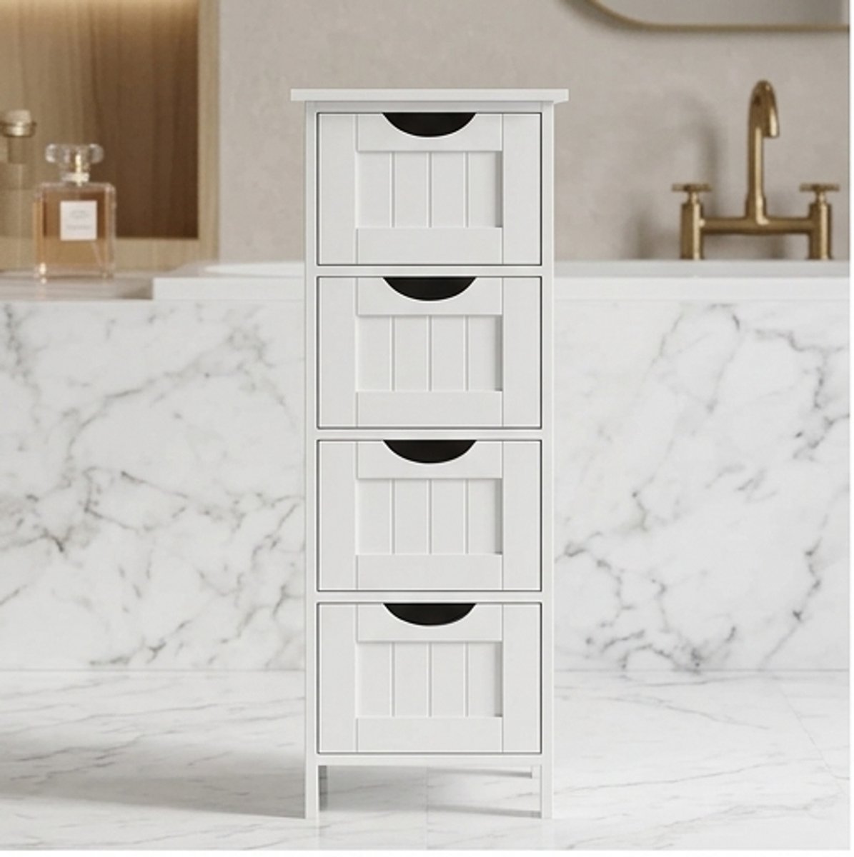 Smalle Commode met 4 Laden – Compacte Ladekast Opbergkast 30x30x82 cm – Wit – Badkamer, Hal, Slaapkamer & Woonkamer – Mobili Bella