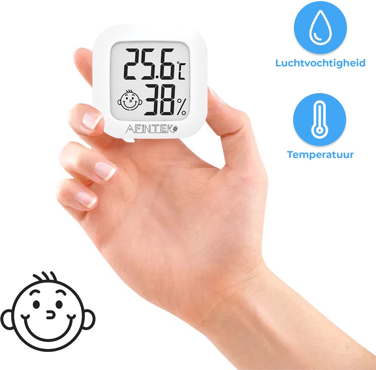 AFINTEK Digitale Weerstation - Thermometer & Hygrometer - Luchtvochtigheidsmeter Binnen - Met Comfort-indicator (Smiley) - LCD Display - Inclusief Batterij - Wit