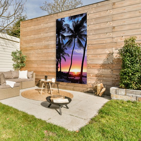 Affiche clôture Une silhouette de palmiers lors d'un coucher de soleil sur Hawaï - 100x200 cm - Toile jardin