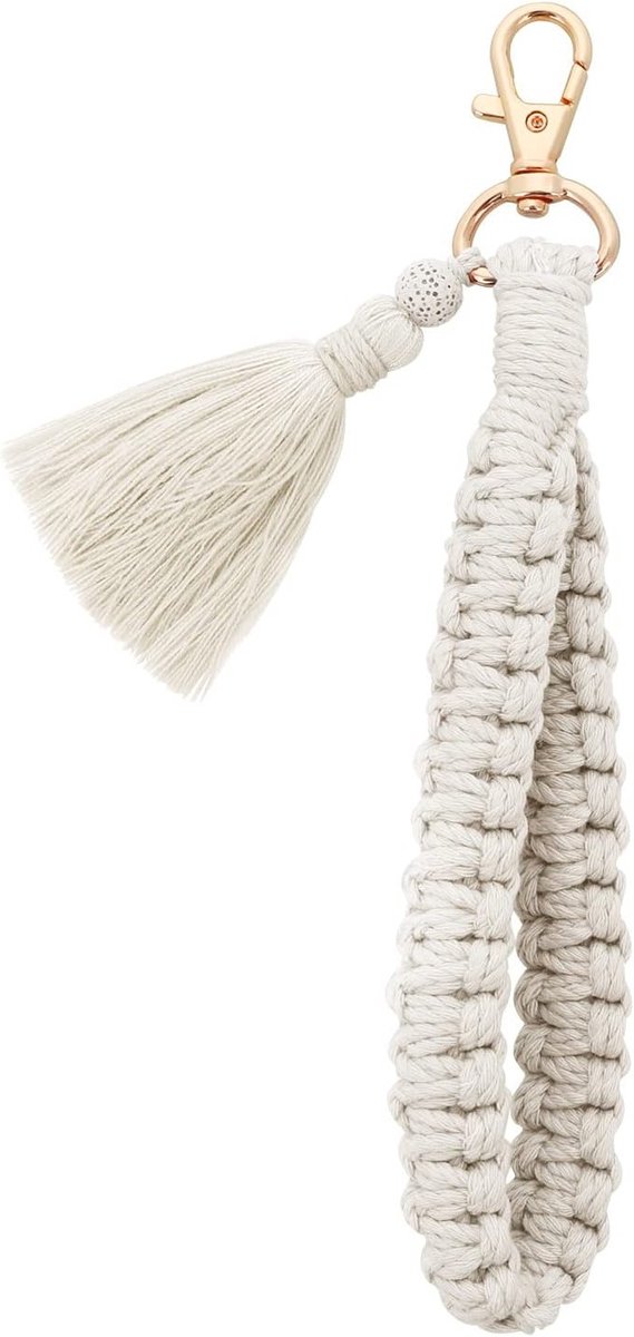 Boho Macrame Sleutelhanger met Vlechtwerk en Kwastje - Korte Sleutelhanger voor Auto en Dames