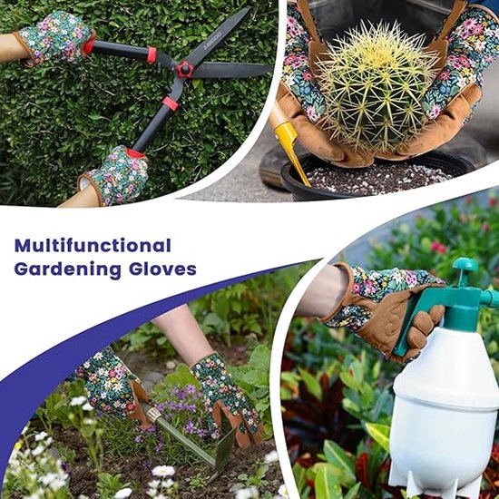 Collage van bloemenhandschoenen gebruikt voor tuinieren: snoeien, planten, sproeien en omgaan met cactussen.